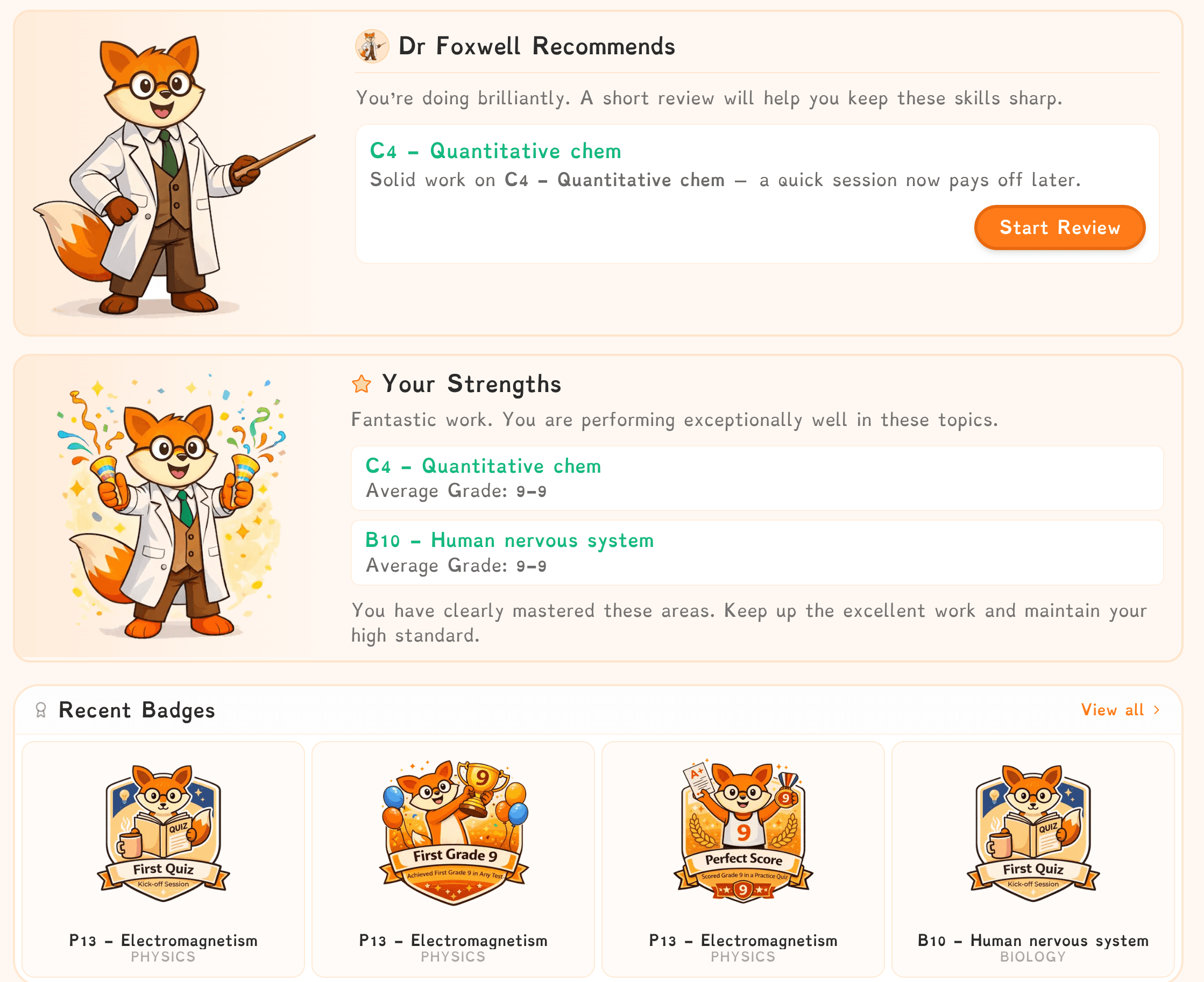 FlashFox dashboard: Dr Foxwell recommendations, strengths and recent badges