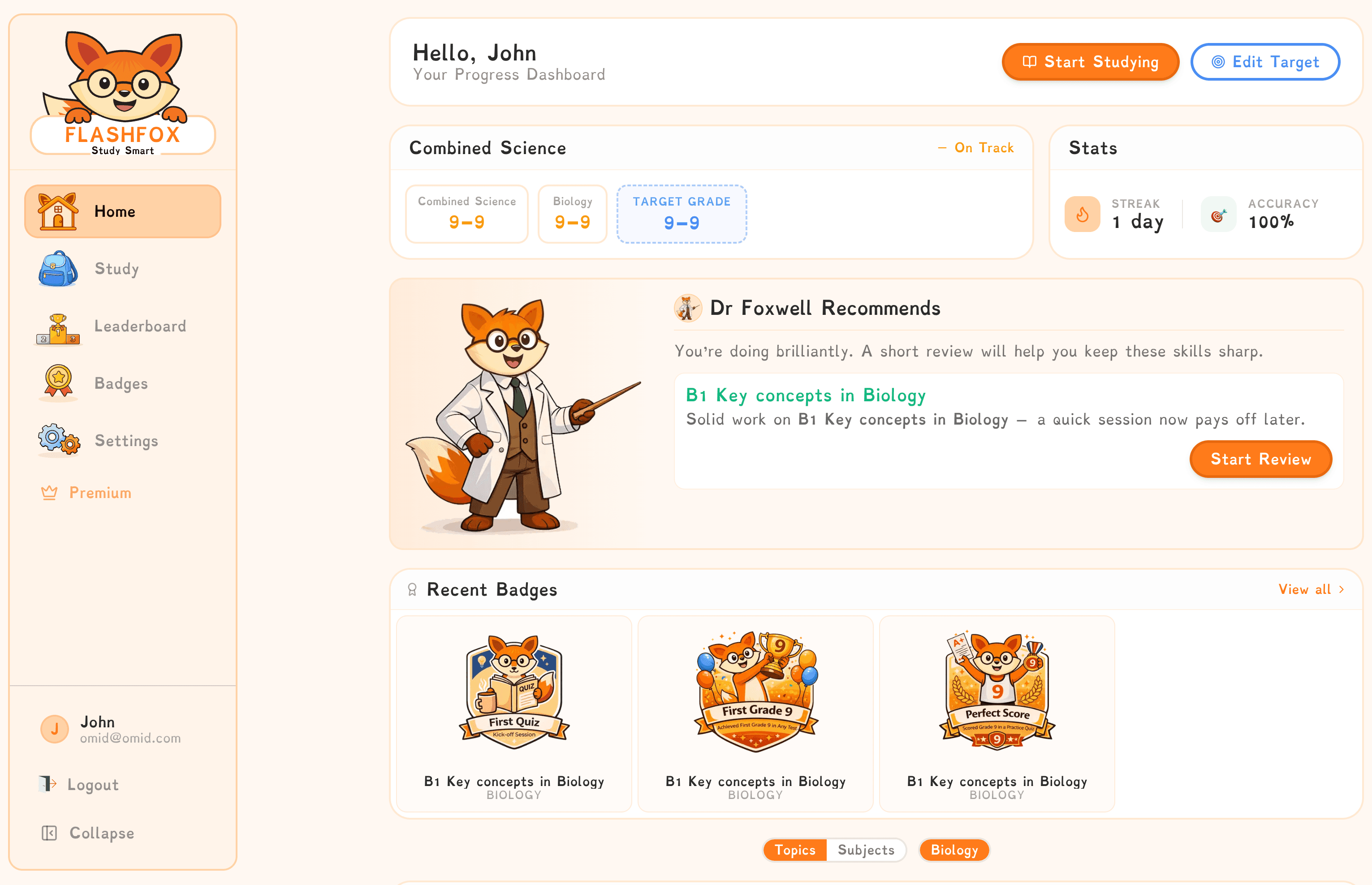 FlashFox dashboard: Dr Foxwell recommendations, strengths and progress