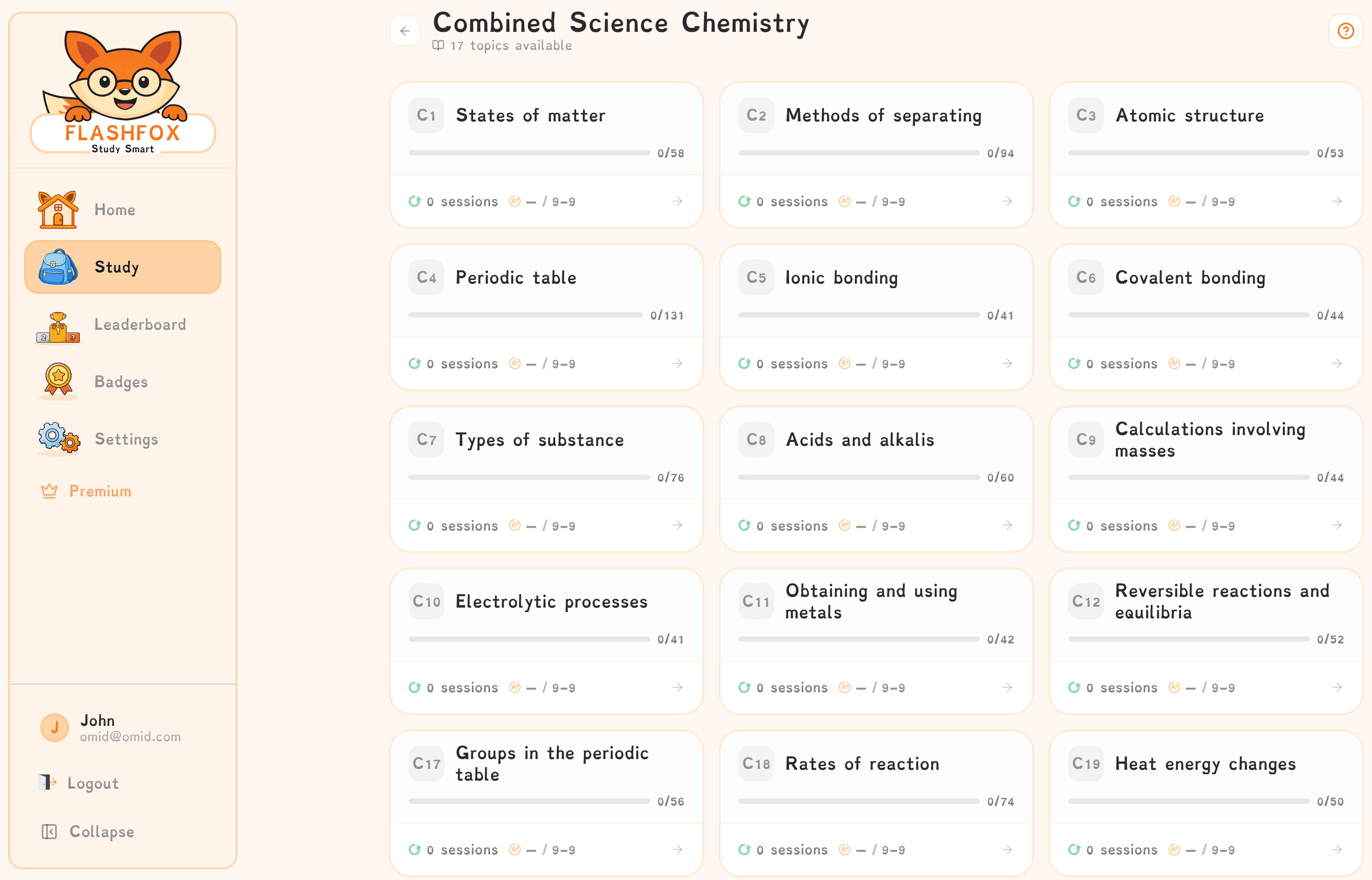 FlashFox dashboard: subjects and grades